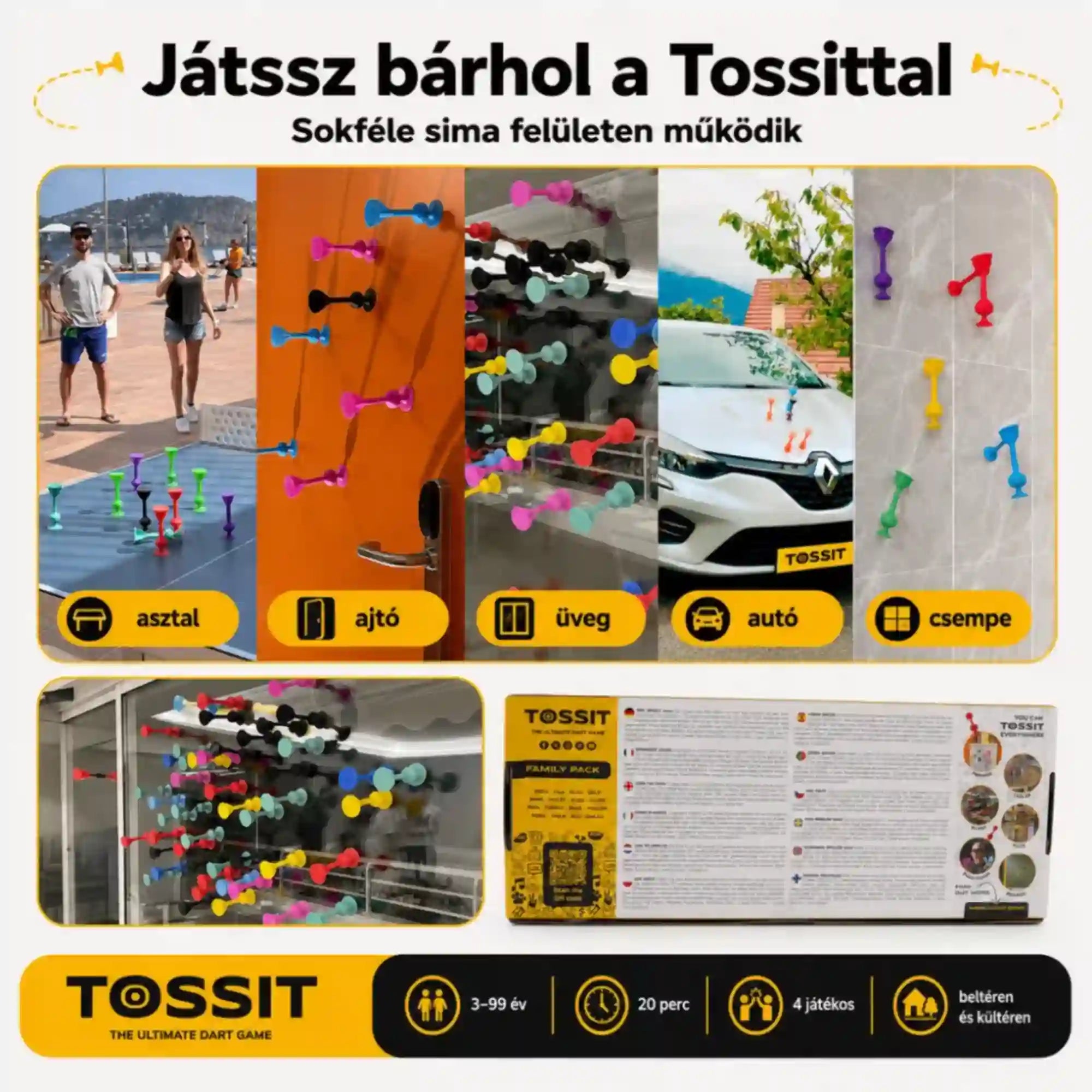 Tossit Family Pack pink, lila, kék és sárga tapadókorongos darts játék – játék különböző sima felületeken, például asztalon, ajtón, üvegen, autón és csempén, beltéren és kültéren