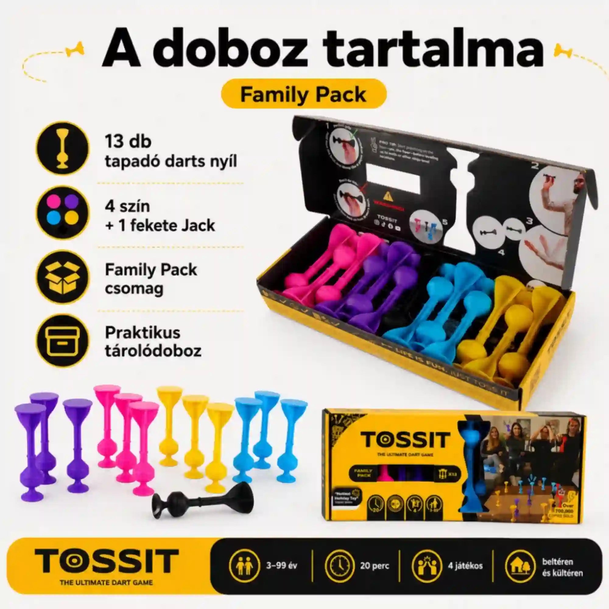 Tossit Family Pack pink, lila, kék és sárga szilikon tapadókorongos darts játék – a csomag tartalma 13 tapadó darts nyíllal, 4 játékosszínnel és 1 fekete Jack célponttal, praktikus tárolódobozban