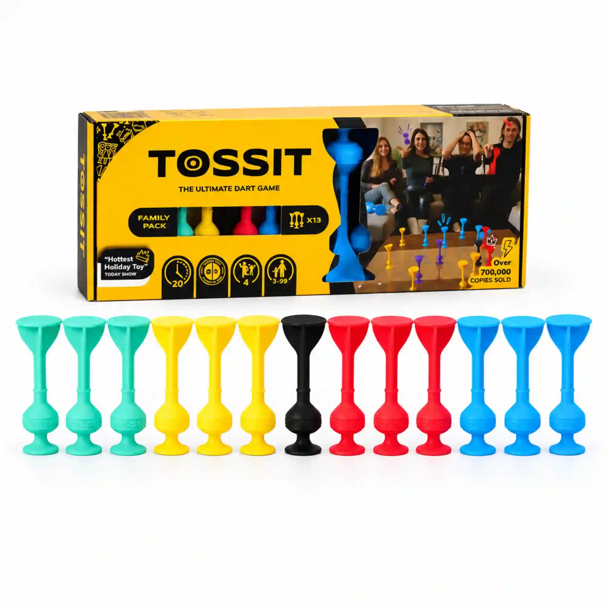 Tossit Family Pack piros, türkiz, kék és sárga szilikon tapadókorongos darts játék – 12 színes Tossit nyíl és 1 fekete Jack az eredeti sárga-fekete Family Pack doboz előtt