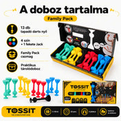 Tossit Family Pack piros, türkiz, kék és sárga tapadókorongos darts játék – a doboz tartalma 13 szilikon nyíllal, 4 különböző játékosszínnel és 1 fekete Jack célponttal