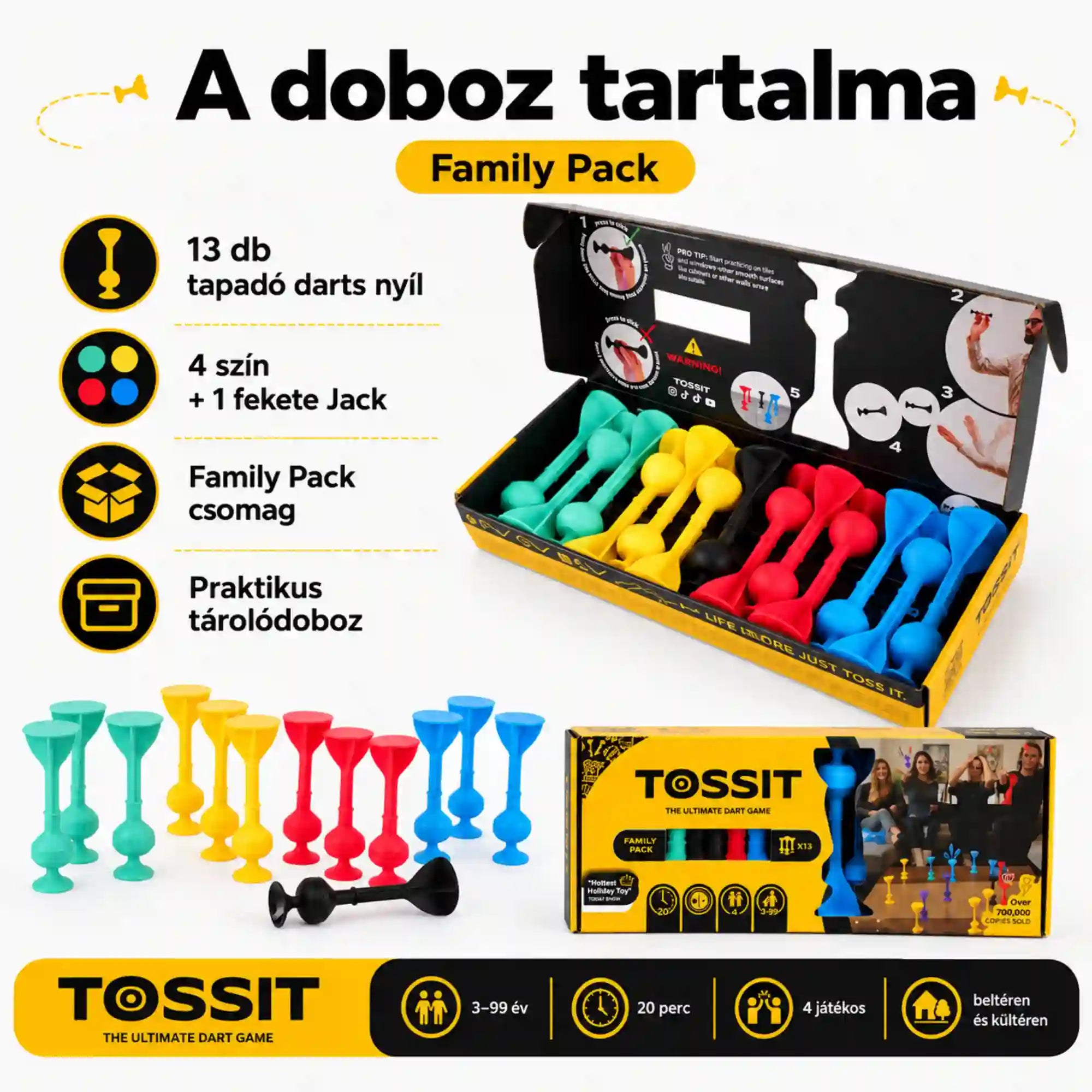 Tossit Family Pack piros, türkiz, kék és sárga tapadókorongos darts játék – a doboz tartalma 13 szilikon nyíllal, 4 különböző játékosszínnel és 1 fekete Jack célponttal