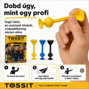 Tossit Starter Pack kék és sárga szilikon darts játék – a sárga Tossit nyíl helyes fogásának és dobási technikájának bemutatása, tapadókoronggal előrefelé és papírrepülőhöz hasonló dobómozdulattal