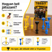Tossit Starter Pack kék és sárga szilikon tapadókorongos darts játék – játékszabályok és pontozás bemutatása, célzás a fekete Jack közelébe, extra pontok és játék 13 pontig