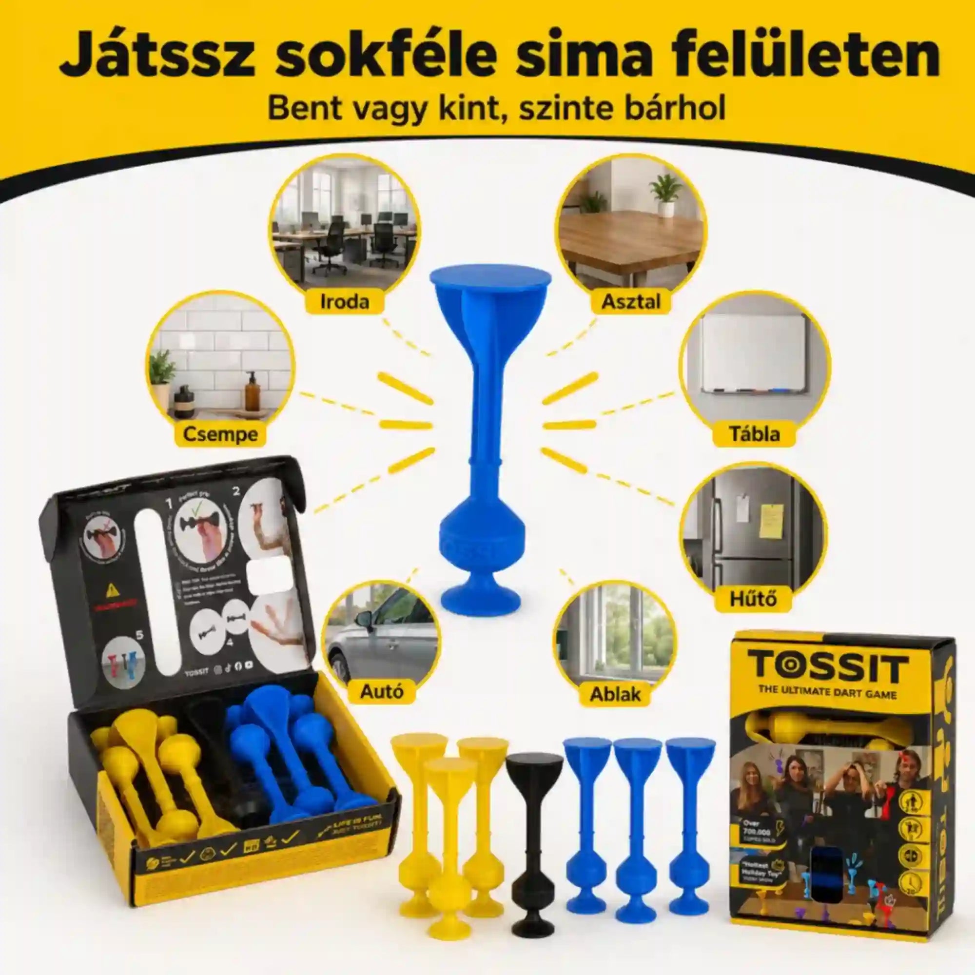 Tossit Starter Pack kék és sárga tapadókorongos darts játék – különböző sima felületeken, például irodában, asztalon, csempén, táblán, hűtőn, ablakon és autón is használható Tossit nyilak