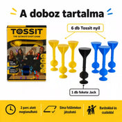 Tossit Starter Pack kék és sárga szilikon tapadókorongos darts játék – a doboz tartalma 6 Tossit nyíllal, 3 sárga és 3 kék nyíllal, valamint 1 fekete Jack célponttal