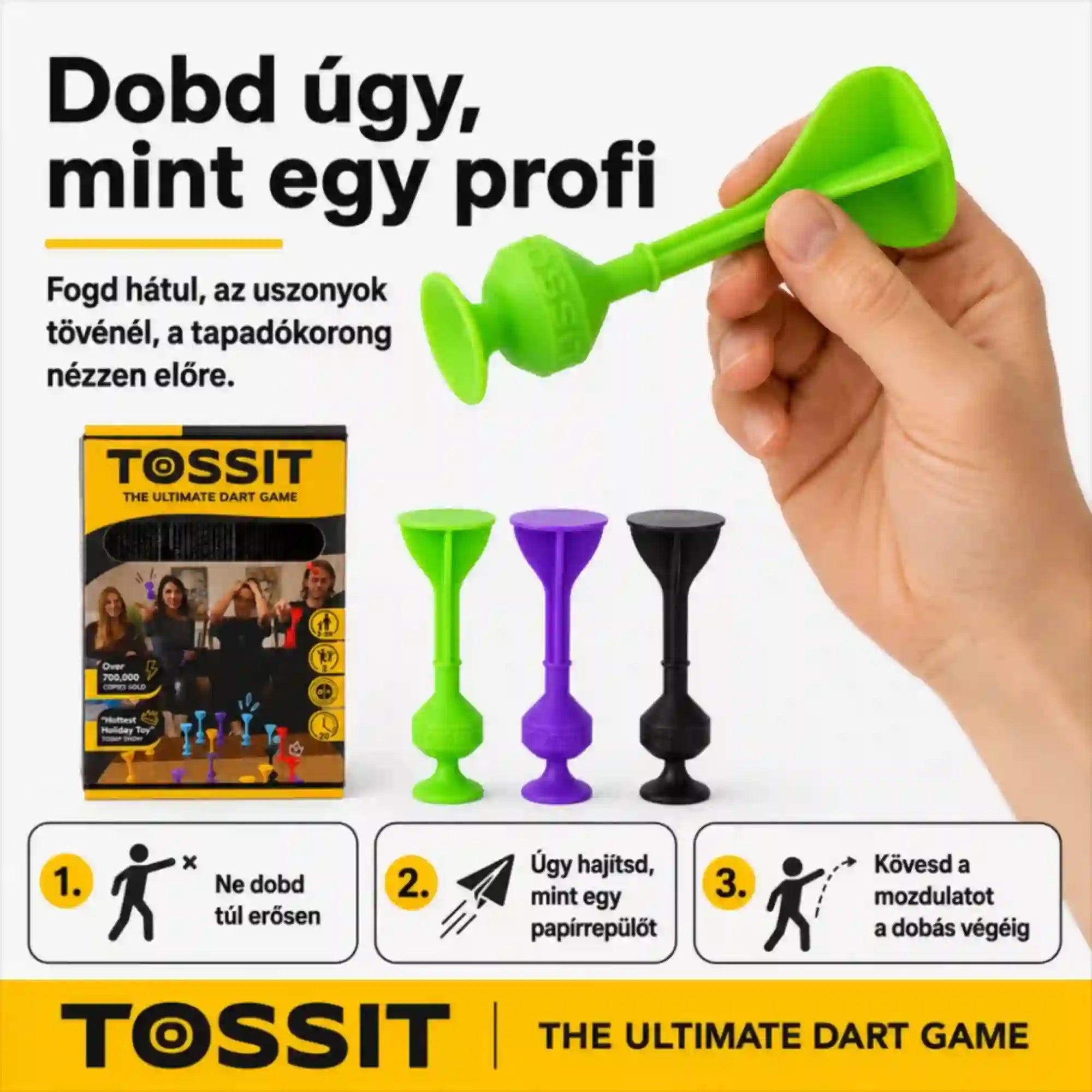Tossit Starter Pack lila és zöld szilikon darts játék – a Tossit nyíl helyes fogásának és dobási technikájának bemutatása, a tapadókoronggal előrefelé