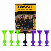 Tossit Starter Pack lila és zöld szilikon tapadókorongos darts játék – 3 zöld, 3 lila Tossit nyíl és 1 fekete Jack célpont az eredeti Tossit doboz előtt