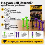 Tossit Starter Pack lila és zöld tapadókorongos darts játék – játékszabályok és pontozás bemutatása, célzás a fekete Jack közelébe és játék 13 pontig