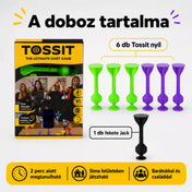 Tossit Starter Pack lila és zöld szilikon tapadókorongos darts játék – a doboz tartalma 6 Tossit nyíllal, 3 zöld és 3 lila nyíllal, valamint 1 fekete Jack célponttal