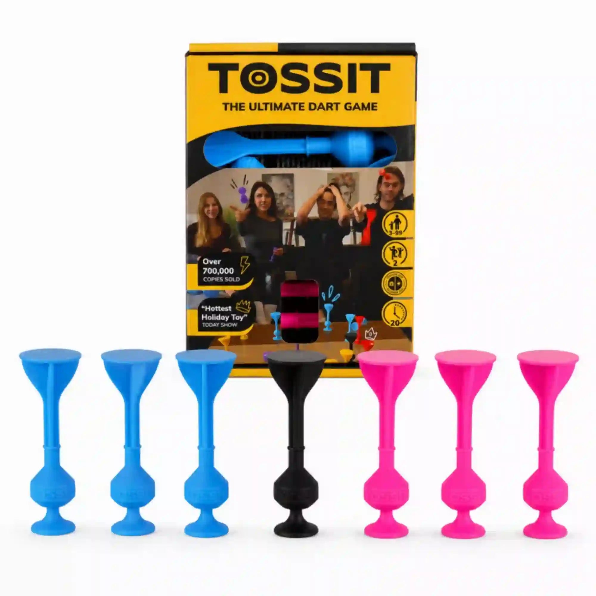 Tossit Starter Pack pink és kék szilikon tapadókorongos darts játék – 3 kék, 3 pink Tossit nyíl és 1 fekete Jack célpont az eredeti sárga-fekete Tossit doboz előtt