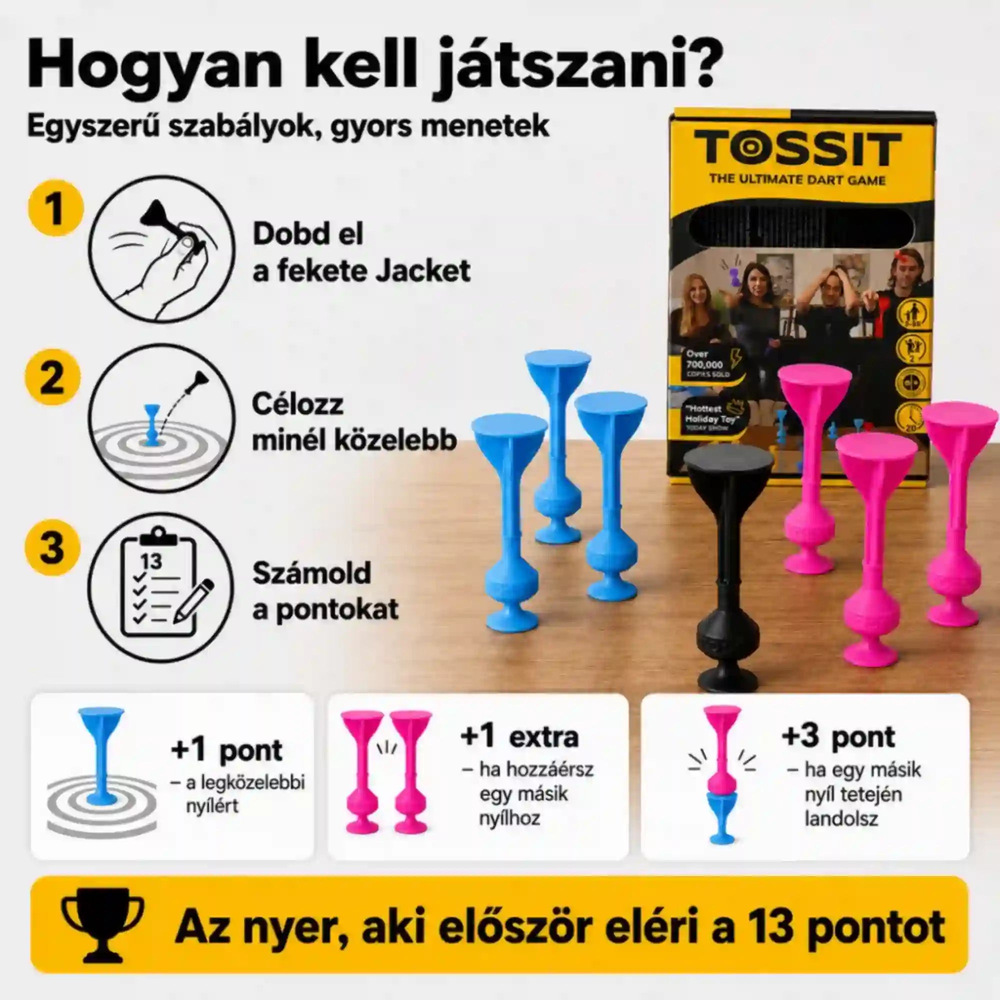 Tossit Starter Pack pink és kék szilikon tapadókorongos darts játék – játékszabályok és pontozás bemutatása, célzás a fekete Jack közelébe, extra pontok és játék 13 pontig