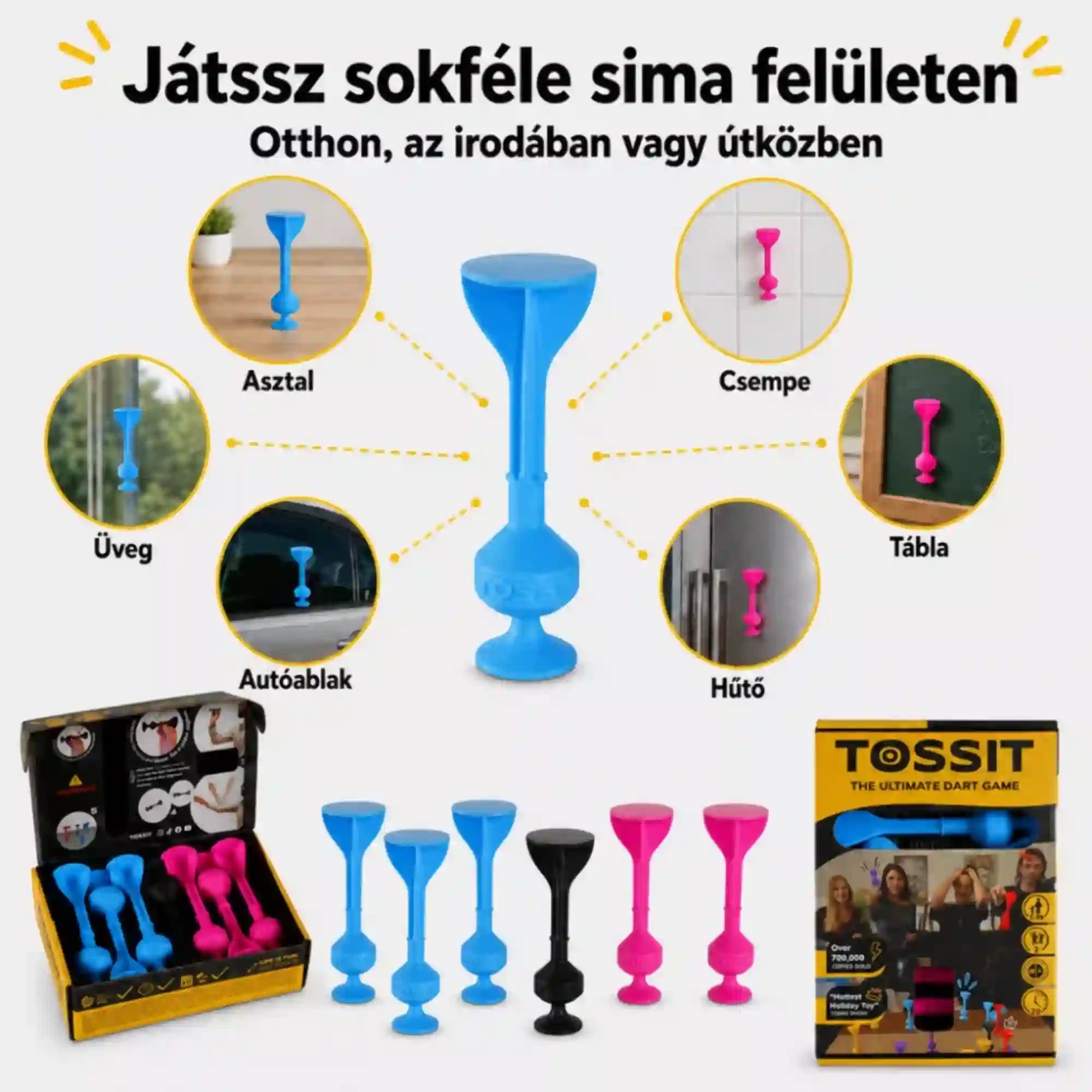 Tossit Starter Pack pink és kék tapadókorongos darts játék – különböző sima felületeken, például asztalon, üvegen, csempén, táblán, hűtőn és autóablakon használható Tossit nyilak