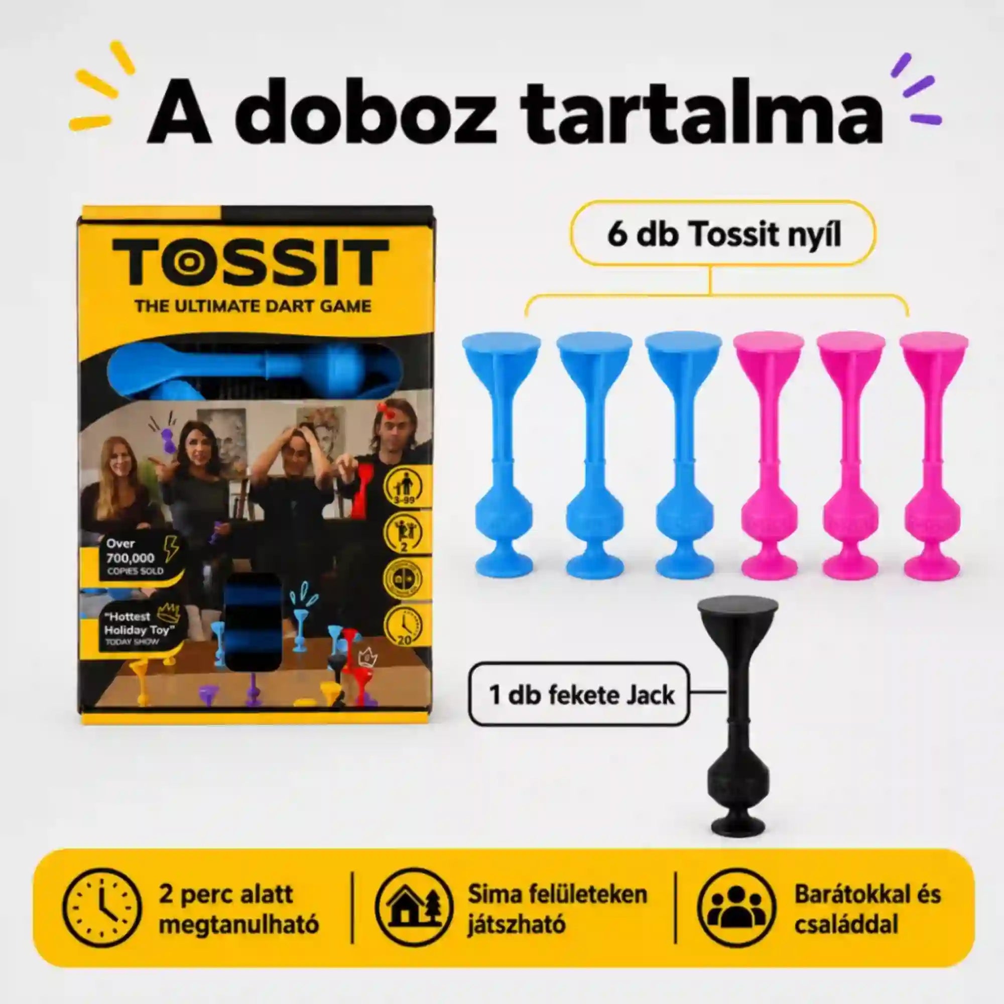 Tossit Starter Pack pink és kék szilikon tapadókorongos darts játék – a doboz tartalma 6 Tossit nyíllal, 3 kék és 3 pink nyíllal, valamint 1 fekete Jack célponttal