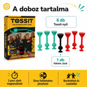 Tossit Starter Pack piros és türkiz szilikon tapadókorongos darts játék – a doboz tartalma 6 Tossit nyíllal, 3 türkiz, 3 piros és 1 fekete Jack nyíllal