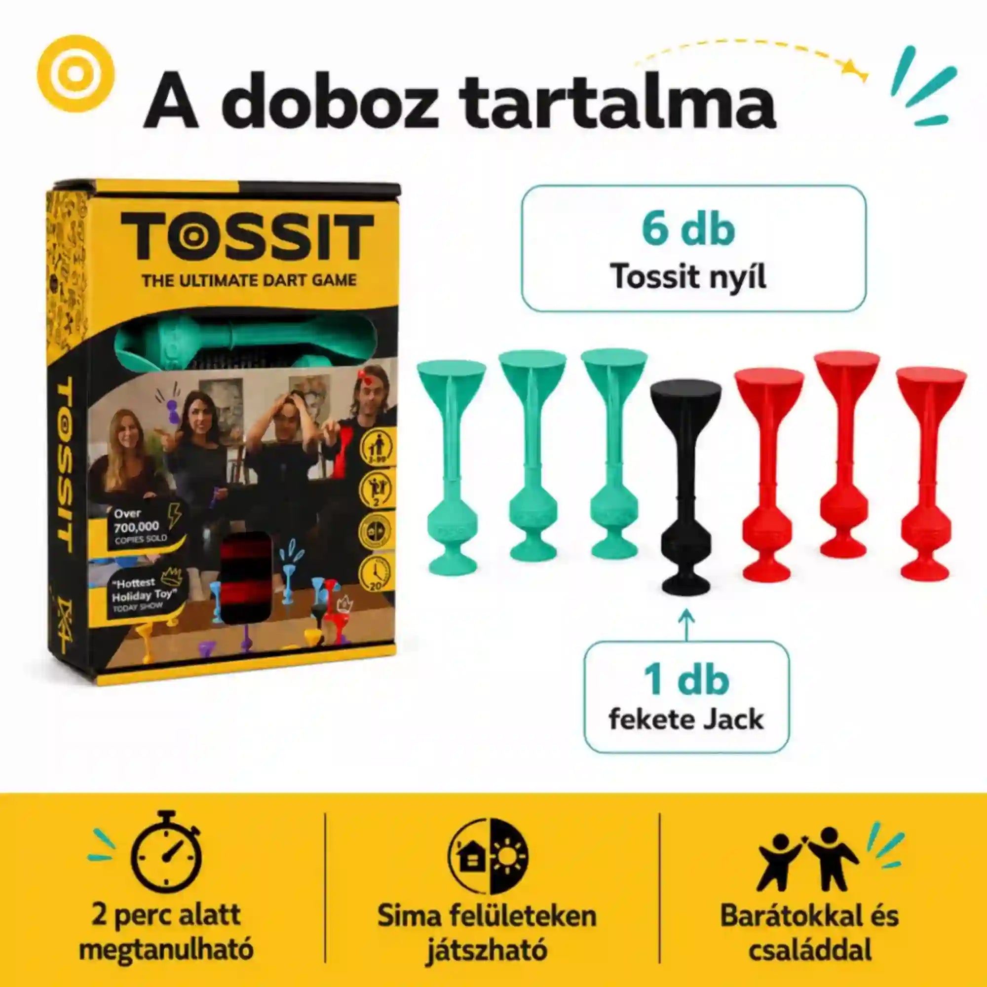 Tossit Starter Pack piros és türkiz szilikon tapadókorongos darts játék – a doboz tartalma 6 Tossit nyíllal, 3 türkiz, 3 piros és 1 fekete Jack nyíllal