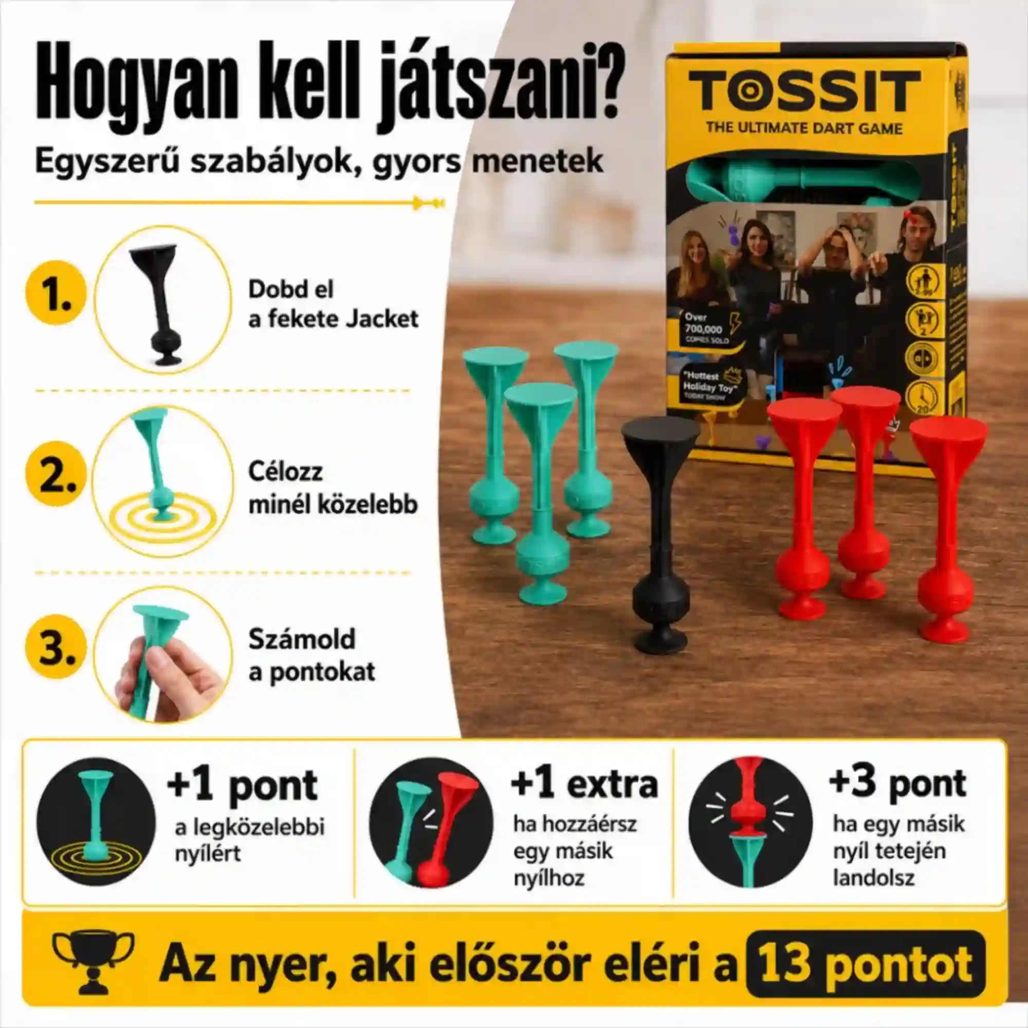Tossit Starter Pack piros és türkiz szilikon tapadókorongos darts játék – játékszabályok, dobás menete és pontozási lehetőségek képes bemutatása