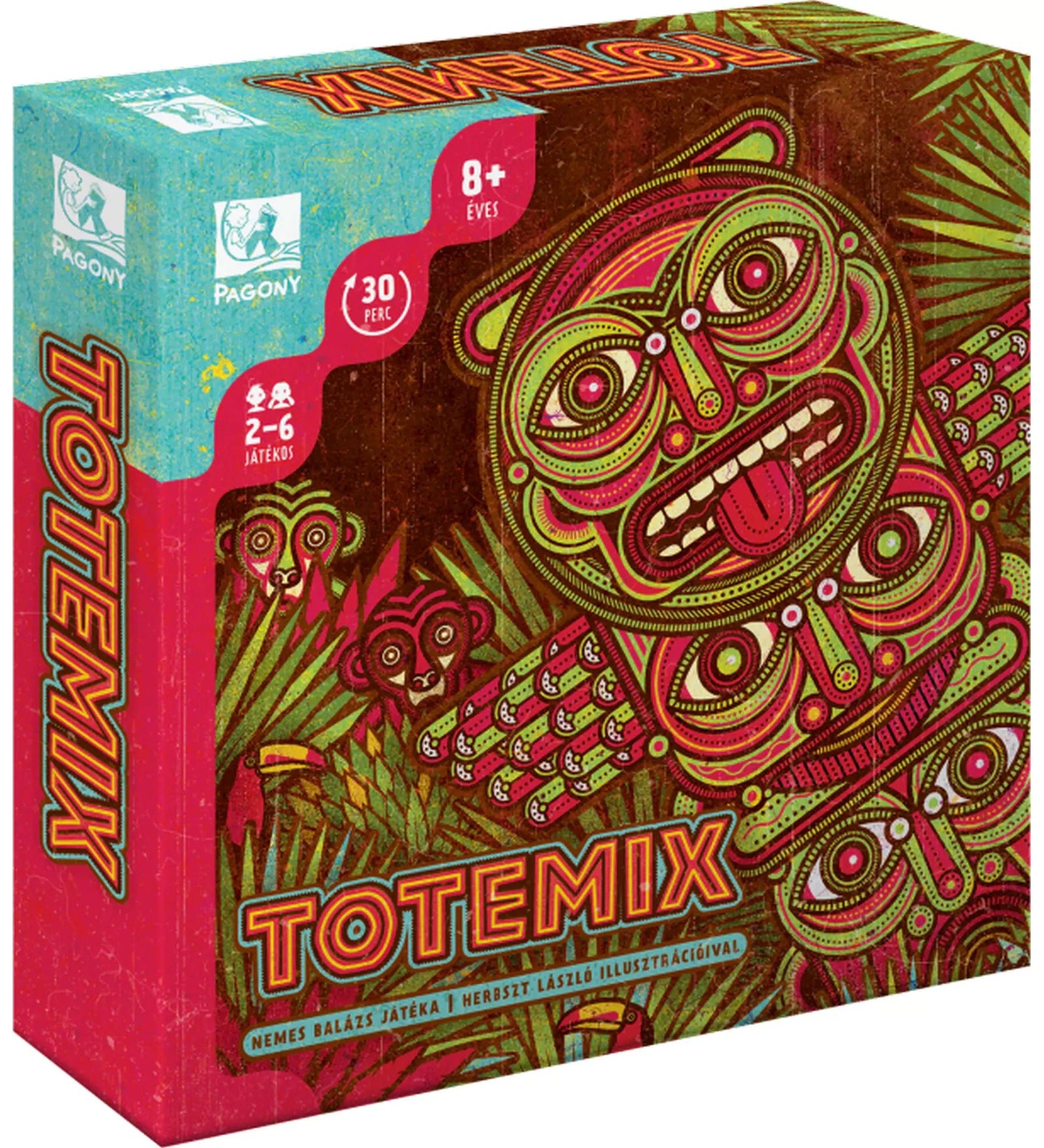  A Totemix társasjáték színes, domborműves mintázatú doboza, középen egy stilizált totemarc, háttérben dzsungelmintás grafikával.