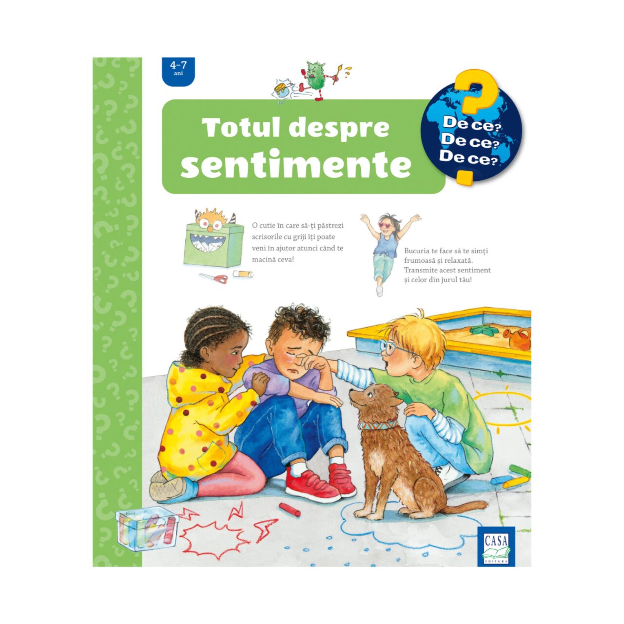 Totul despre sentimente – gyerekkönyv borító, amelyen egy síró kisfiút barátai vigasztalnak, mellettük egy barna kutya ül, háttérben homokozó látható.