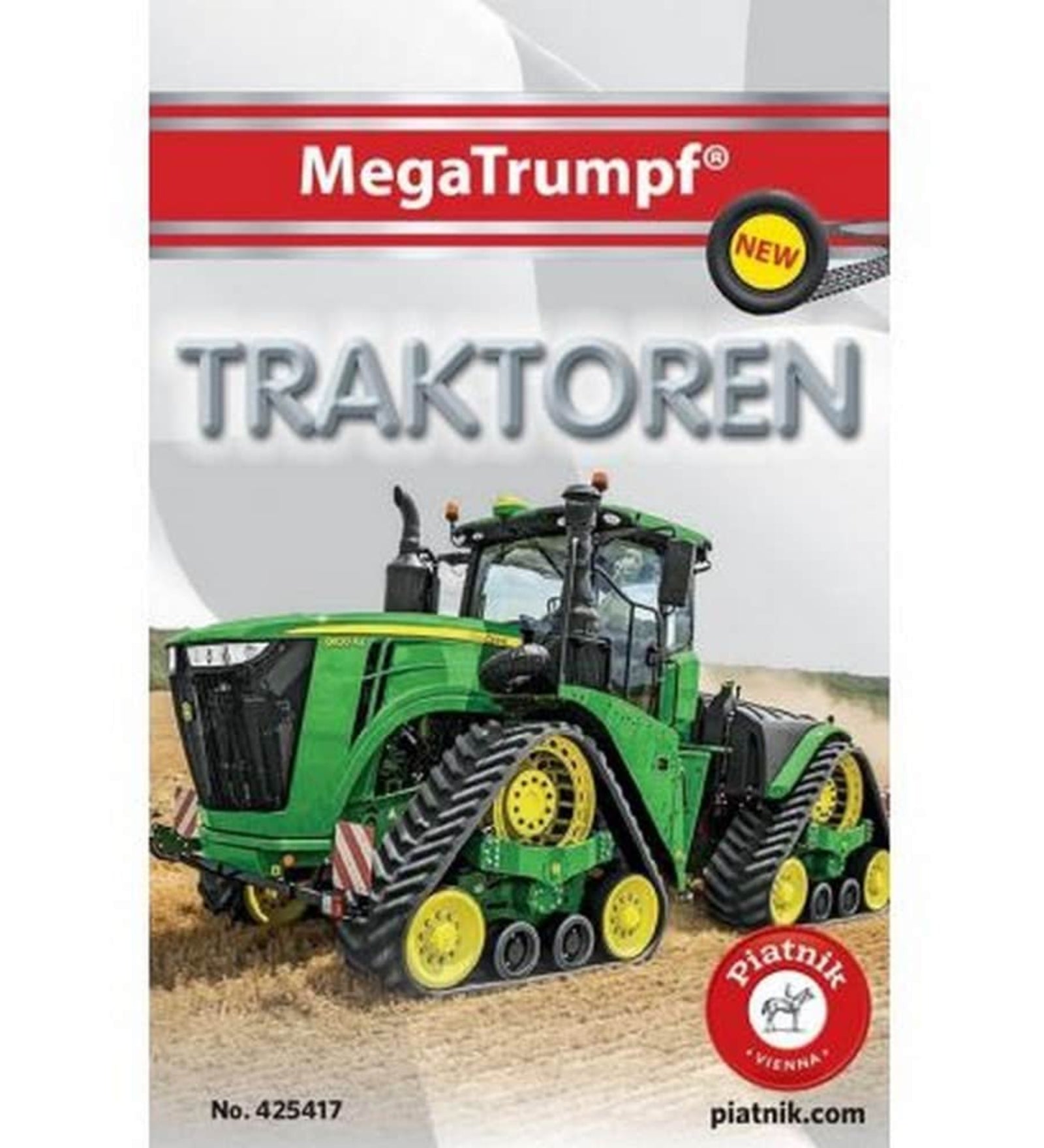 A képen a MegaTrumpf Traktoren kártyajáték csomagja látható, amely a traktorok világát mutatja be izgalmas formában. A borítón egy modern, zöld John Deere lánctalpas traktor szerepel, ami a mezőgazdasági gépek erejét és technológiáját hangsúlyozza. A piros-fehér Piatnik logó jelzi a gyártót, a "NEW" címke pedig az újdonság erejét emeli ki. 