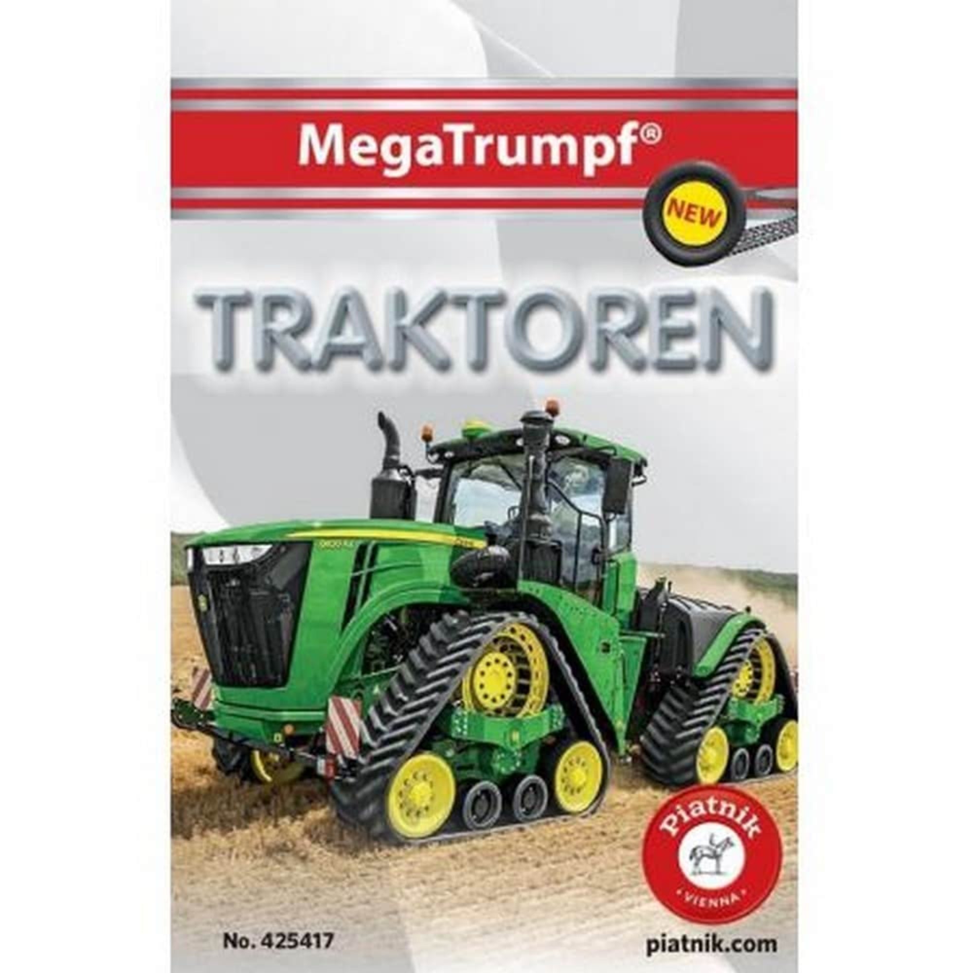 A képen a MegaTrumpf Traktoren kártyajáték csomagja látható, amely a traktorok világát mutatja be izgalmas formában. A borítón egy modern, zöld John Deere lánctalpas traktor szerepel, ami a mezőgazdasági gépek erejét és technológiáját hangsúlyozza. A piros-fehér Piatnik logó jelzi a gyártót, a "NEW" címke pedig az újdonság erejét emeli ki. 