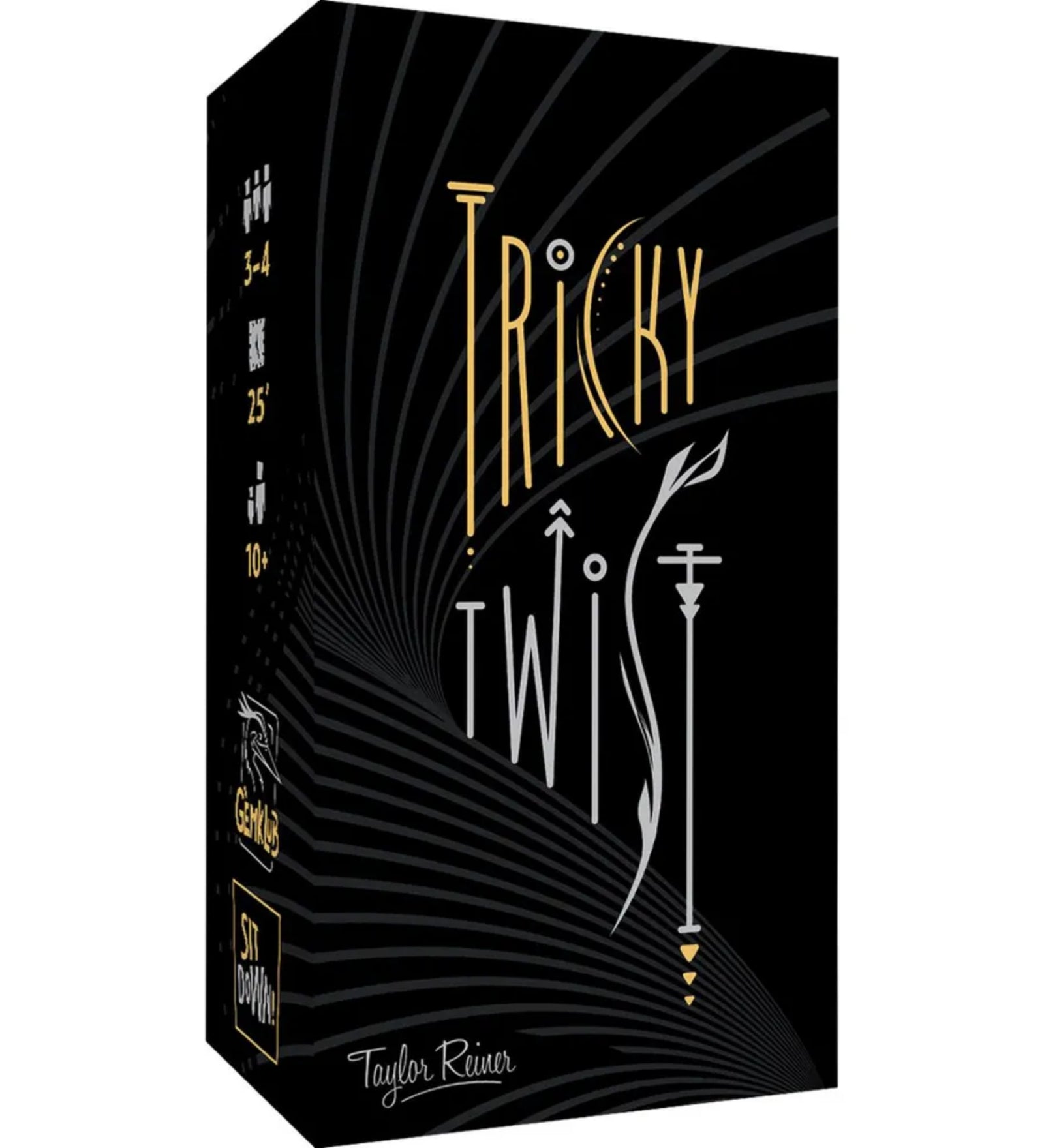 Tricky Twist kártyajáték fekete doboza arany és fehér grafikai mintákkal