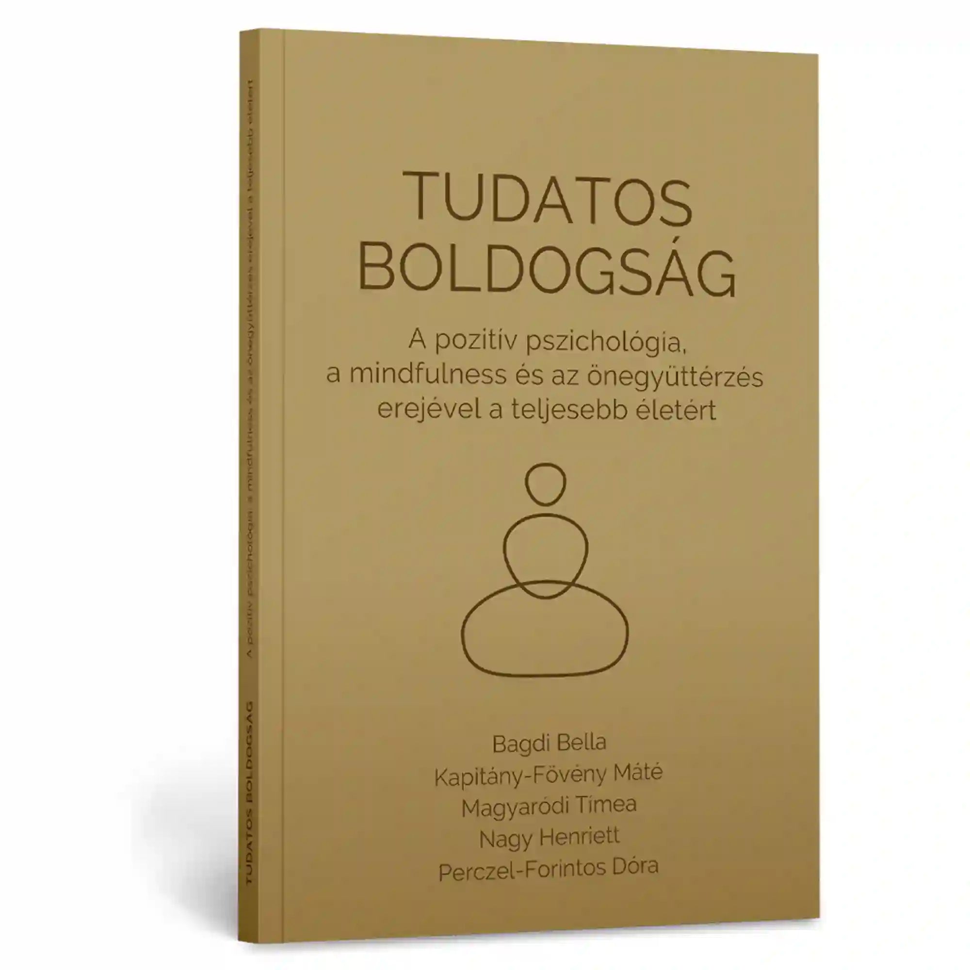 Tudatos boldogság könyv bézs színű borítóval, minimalista meditáló alak illusztrációjával, fehér háttér előtt.