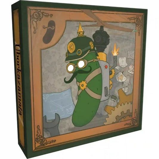 Az Uborkazamata társasjáték egyik karakterdoboza látható, amelyen a steampunk stílusú gonosz uborka feltaláló szerepel különleges szerkezetével.
