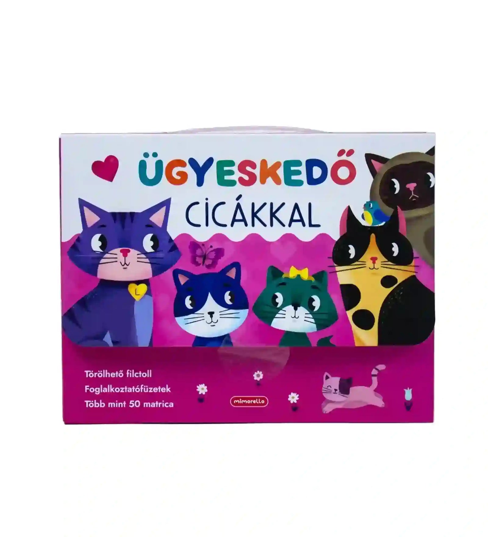 Ügyeskedő cicákkal foglalkoztató készlet doboza vidám cicás grafikával.