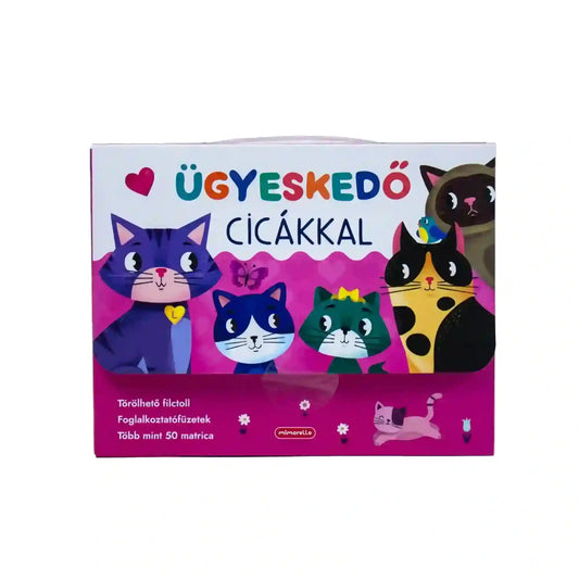 Ügyeskedő cicákkal foglalkoztató készlet doboza vidám cicás grafikával.