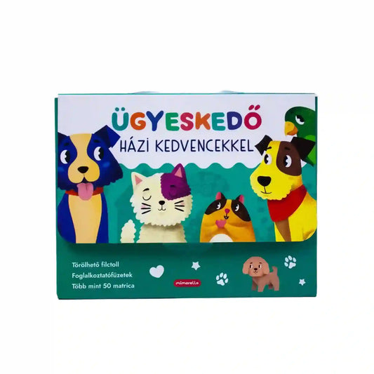 Ügyeskedő házi kedvencekkel foglalkoztató készlet doboza kutyás, cicás és egyéb házi kedvences grafikával fehér háttéren.