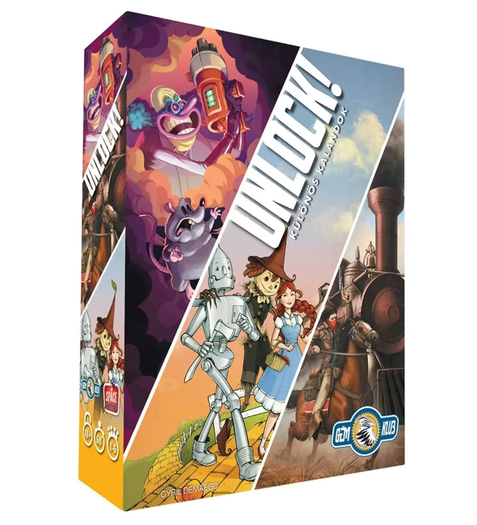 Az Unlock! Különös kalandok társasjáték doboza színes illusztrációkkal, amelyeken egy vadnyugati jelenet, egy rajzfilmfigura lézervetővel, valamint az Óz, a nagy varázsló karakterei is feltűnnek, utalva a három különböző szabadulószobás kalandra.