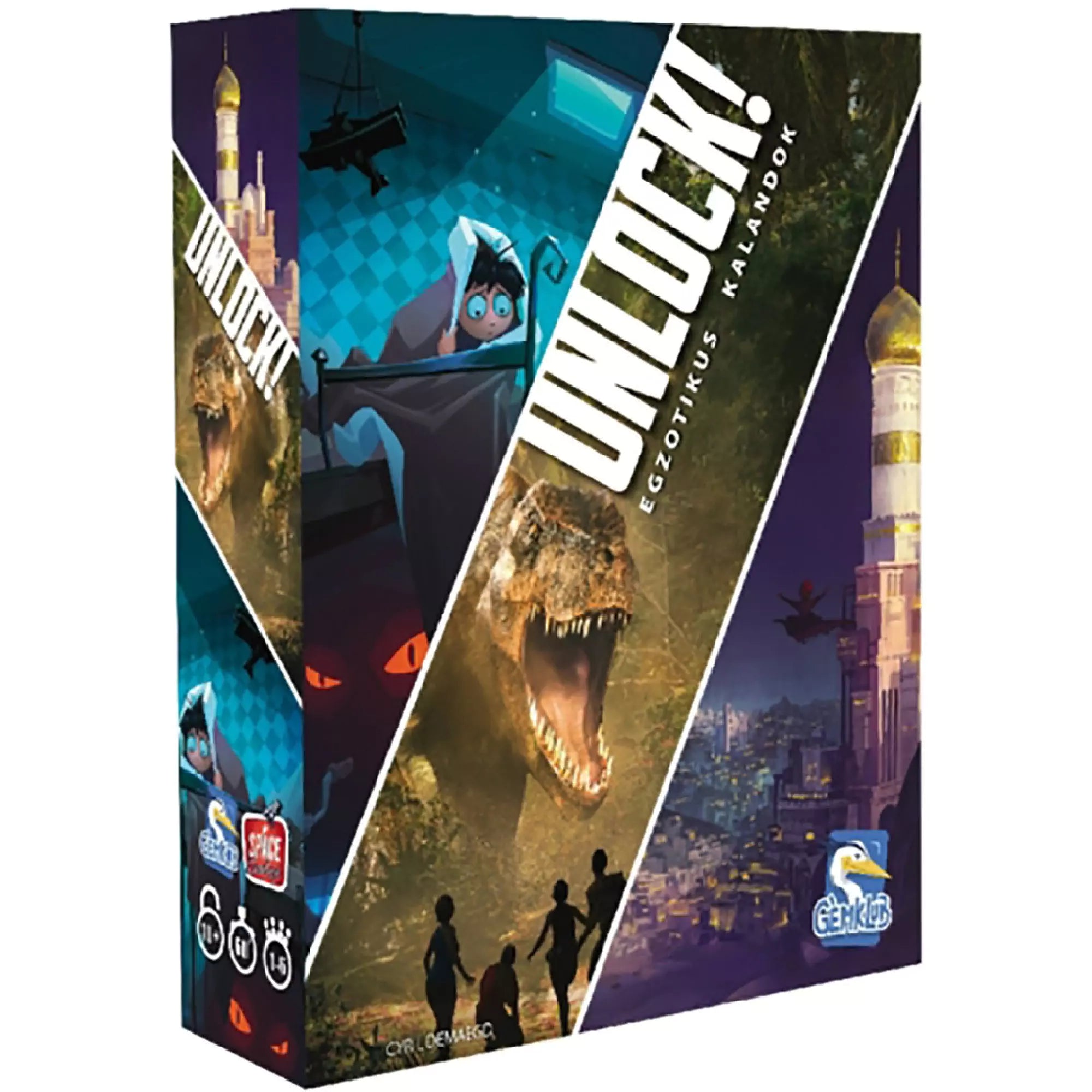 Az Unlock! Egzotikus kalandok társasjáték doboza, színes grafikával: dinoszaurusz, rejtélyes város, ijedt fiú az ágyban és árnyékos alakok kalandos hangulatban.