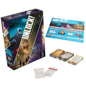 Unlock! Exotic Adventures társasjáték doboza a játékszabállyal, valamint három külön pakli kártyával és egy feladványkártyával kiegészítve, szabadulószoba-stílusú játékelemekkel.