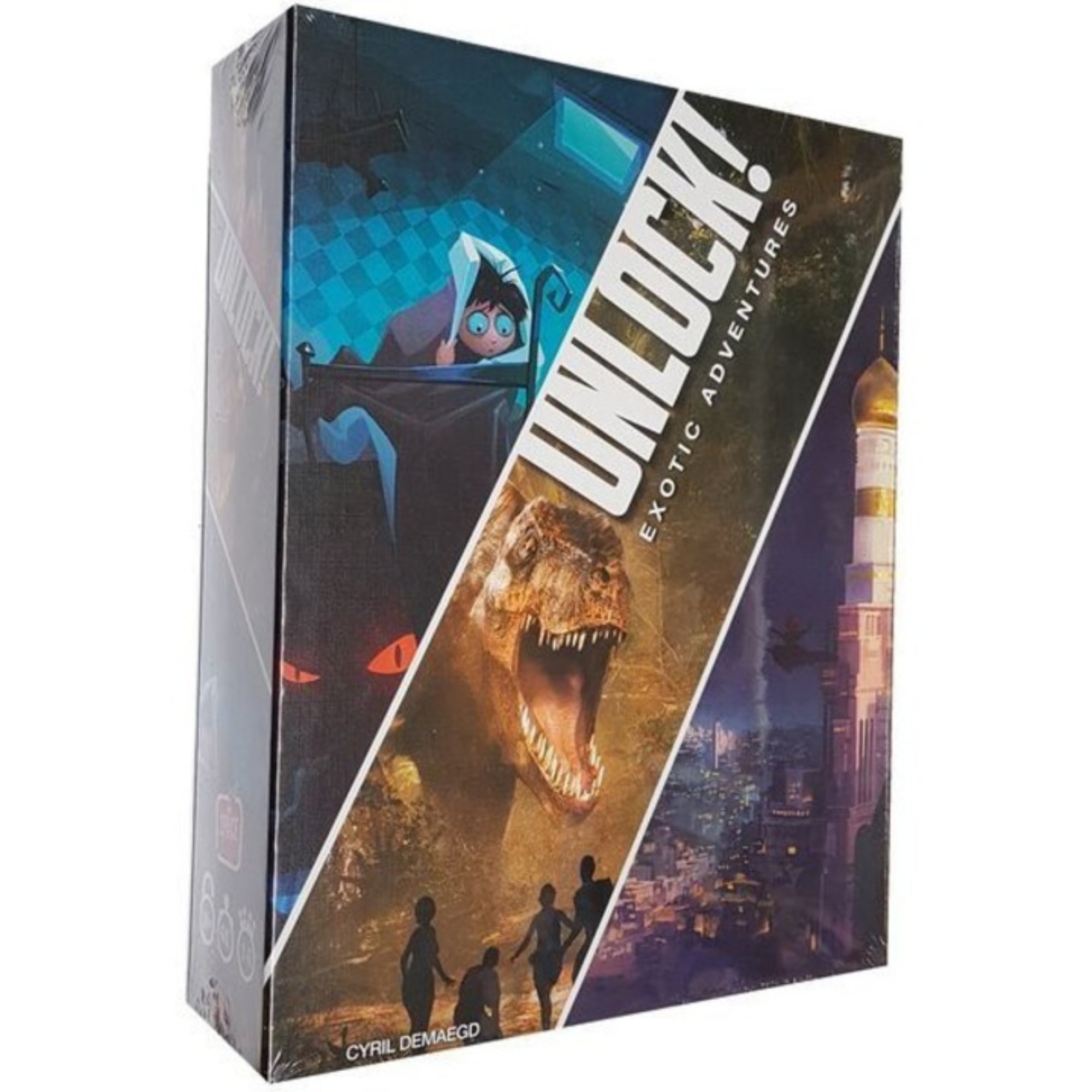 Unlock! Exotic Adventures társasjáték doboza, melyen három kaland illusztrációja látható: egy rémült fiú, egy támadó T-Rex, valamint egy keleti város tornya, éjszakai fényekkel.