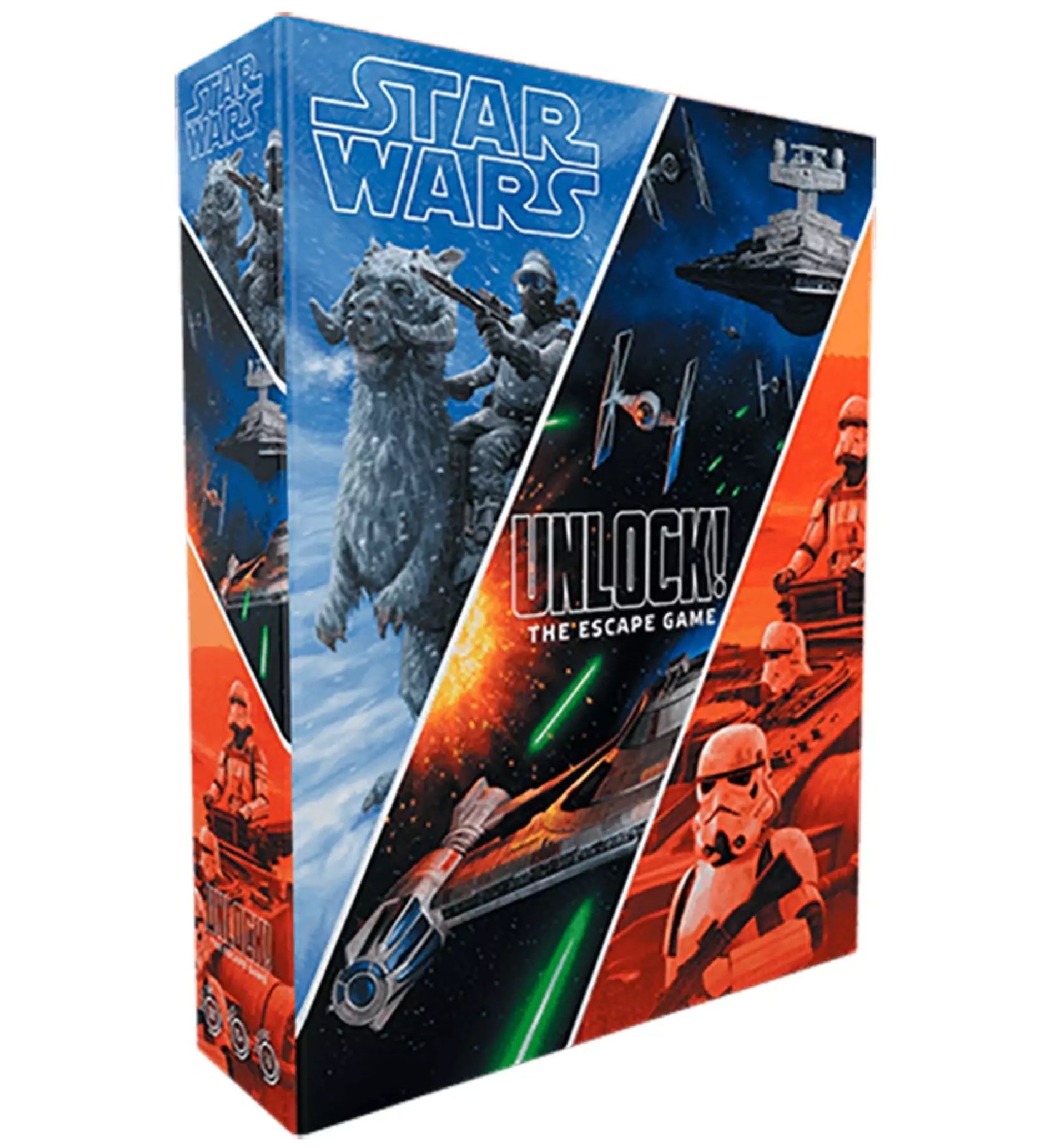 Az Unlock! Star Wars: The Escape Game társasjáték doboza, látványos grafikával: bal oldalon Hoth bolygó, középen űrcsata, jobb oldalon rohamosztagosok.
