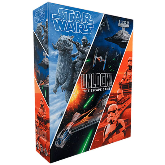 Az Unlock! Star Wars: The Escape Game társasjáték doboza, látványos grafikával: bal oldalon Hoth bolygó, középen űrcsata, jobb oldalon rohamosztagosok.