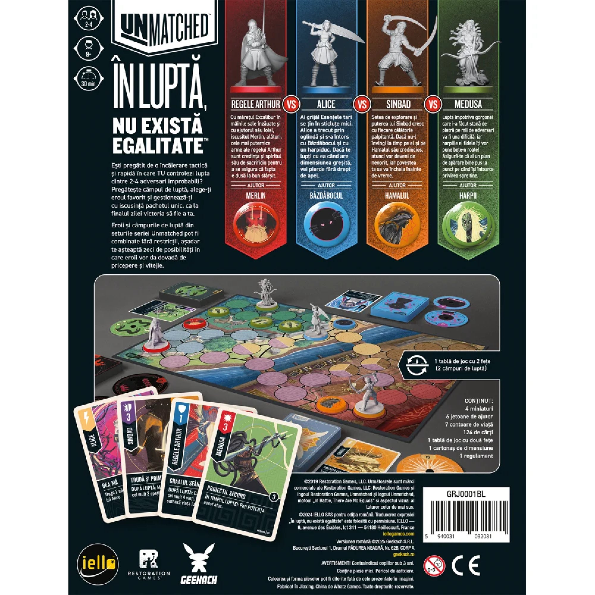 Unmatched – Batalia Legendelor Volumul 1 társasjáték doboz hátoldala, a négy játszható hőssel, segítőikkel, játéktáblával, figurákkal, kártyákkal és a játékmenetet bemutató grafikus áttekintéssel.