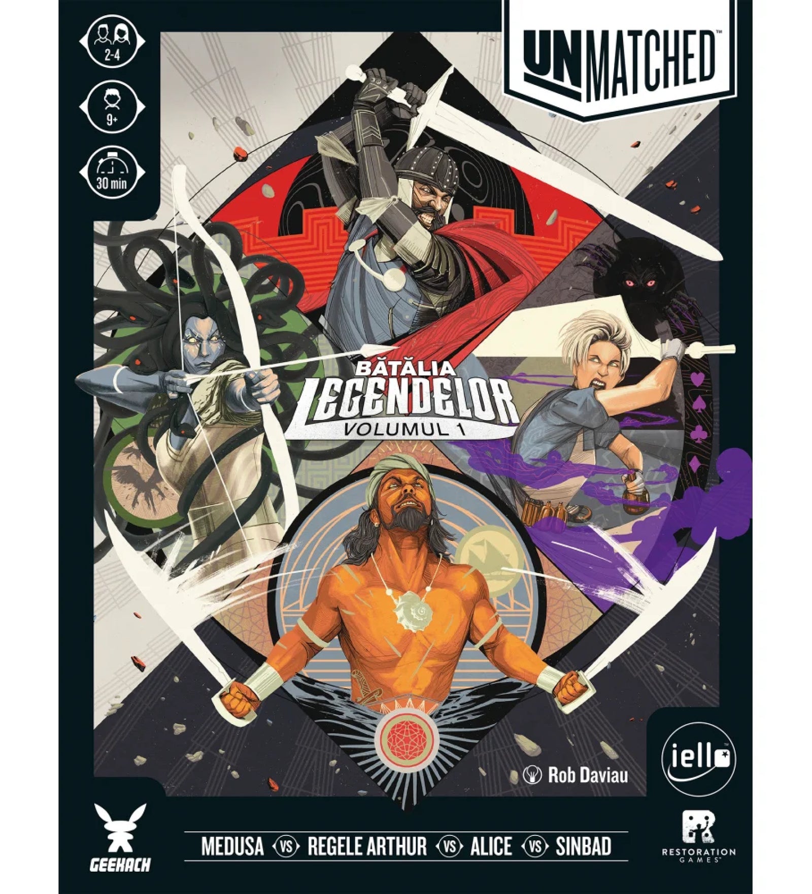 Unmatched – Batalia Legendelor Volumul 1 társasjáték doboz előlapja, látványos illusztrációval Medúzáról, Artúr királyról, Alice-ről és Szindbádról, dinamikus harci kompozícióban.