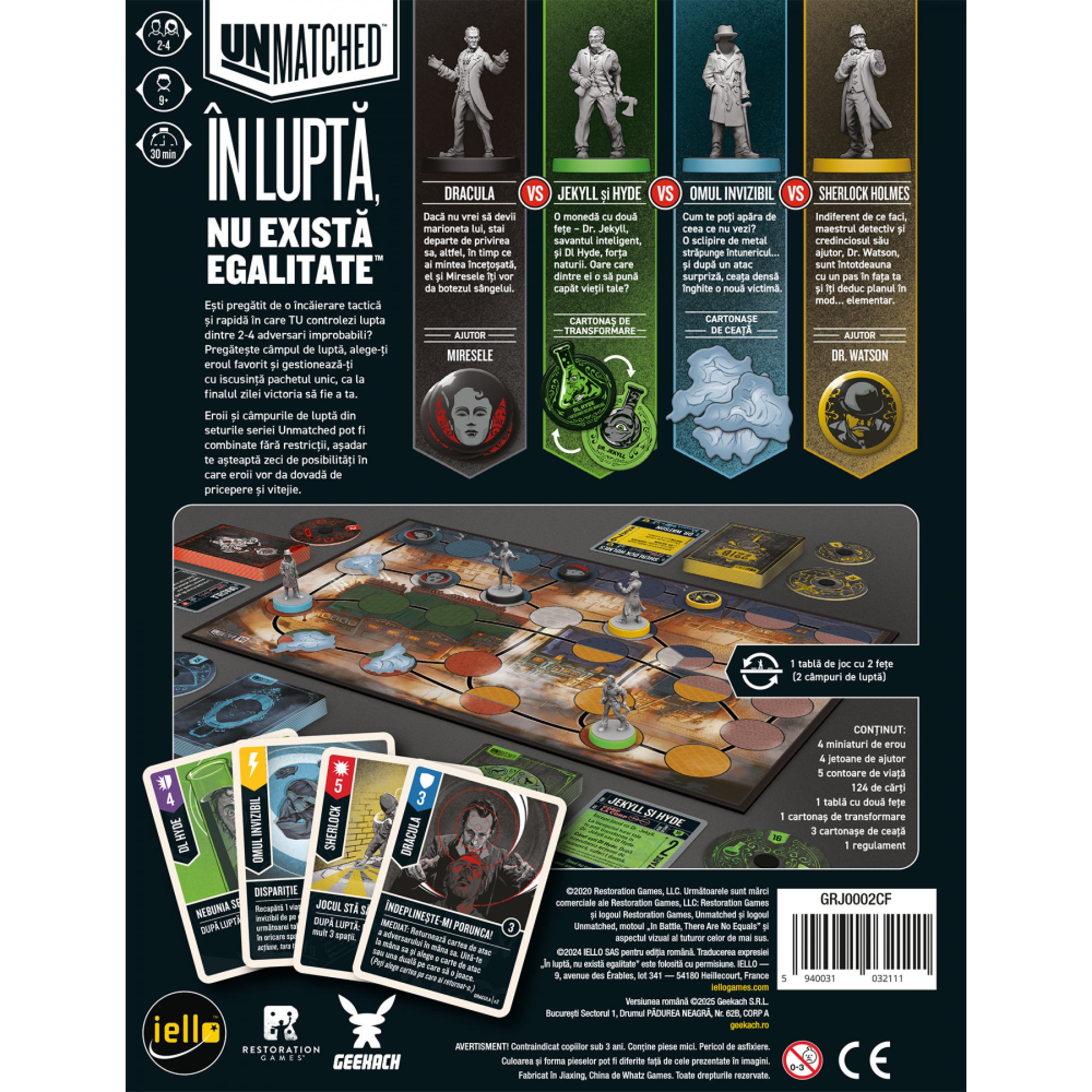 Unmatched – Ceată și Fum társasjáték dobozának hátoldala, a játéktábla, miniatűr figurák, karakterkártyák és játékelemek bemutatásával, valamint a 2–4 játékosnak szóló játékmenet ismertetésével.