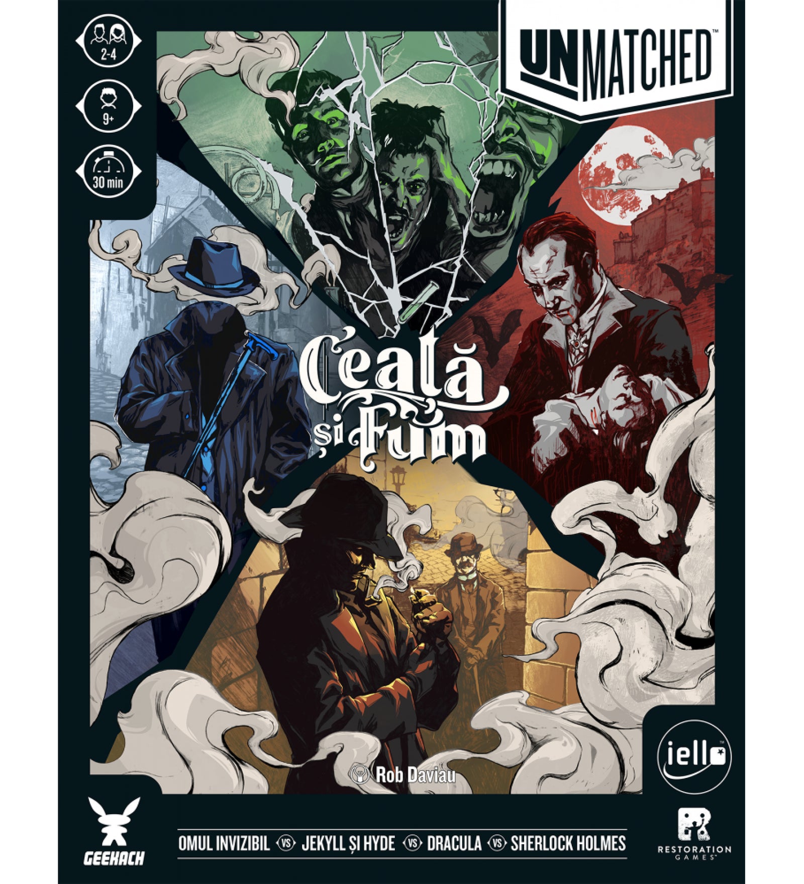 Unmatched – Ceată și Fum társasjáték dobozának előlapja, látványos illusztrációval: Drakula, Jekyll és Hyde, a Láthatatlan Ember és Sherlock Holmes karakterei drámai, sötét hangulatú kompozícióban.