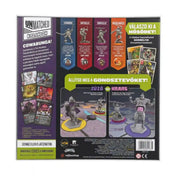 Unmatched Kalandok – Teenage Mutant Ninja Turtles magyar nyelvű társasjáték dobozának hátoldala, karakterbemutatókkal, játékkártyákkal és a gonosztevők elleni csaták illusztrációival.