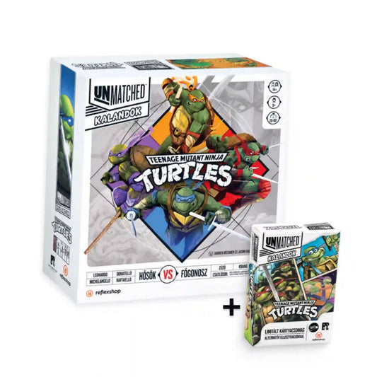 Unmatched Kalandok – Teenage Mutant Ninja Turtles magyar nyelvű társasjáték fehér doboza a négy Tini Nindzsa Teknőccel, mellette a limitált kártyacsomaggal, fehér háttér előtt.