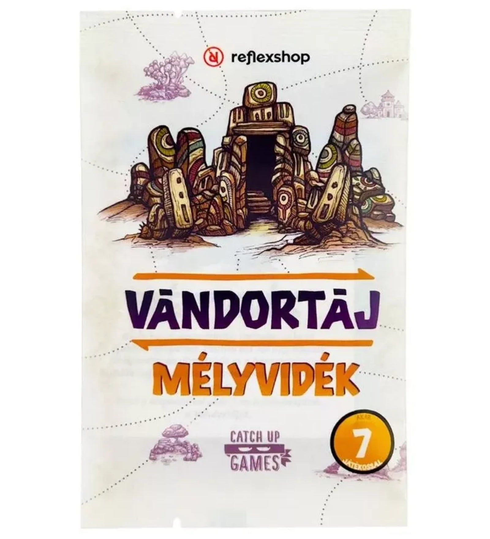Vándortáj: Mélyvidék kiegészítő csomagolásának előlapja, középen misztikus kőtemplom illusztrációval, alul a játék logójával és a Catch Up Games márkajelzéssel.