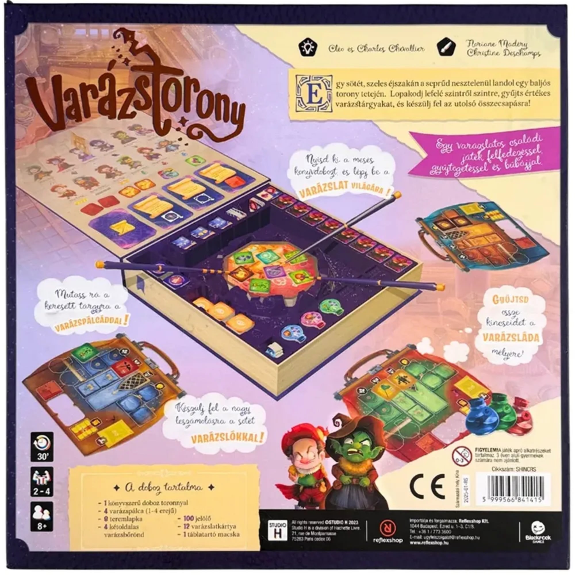 Varázstorony magyar nyelvű társasjáték dobozának hátoldala, a teljes játékmenetet bemutató grafikus ábrákkal, varázslótornyokkal, mágikus tárgyakkal, játékelemekkel és a doboz tartalmának felsorolásával.