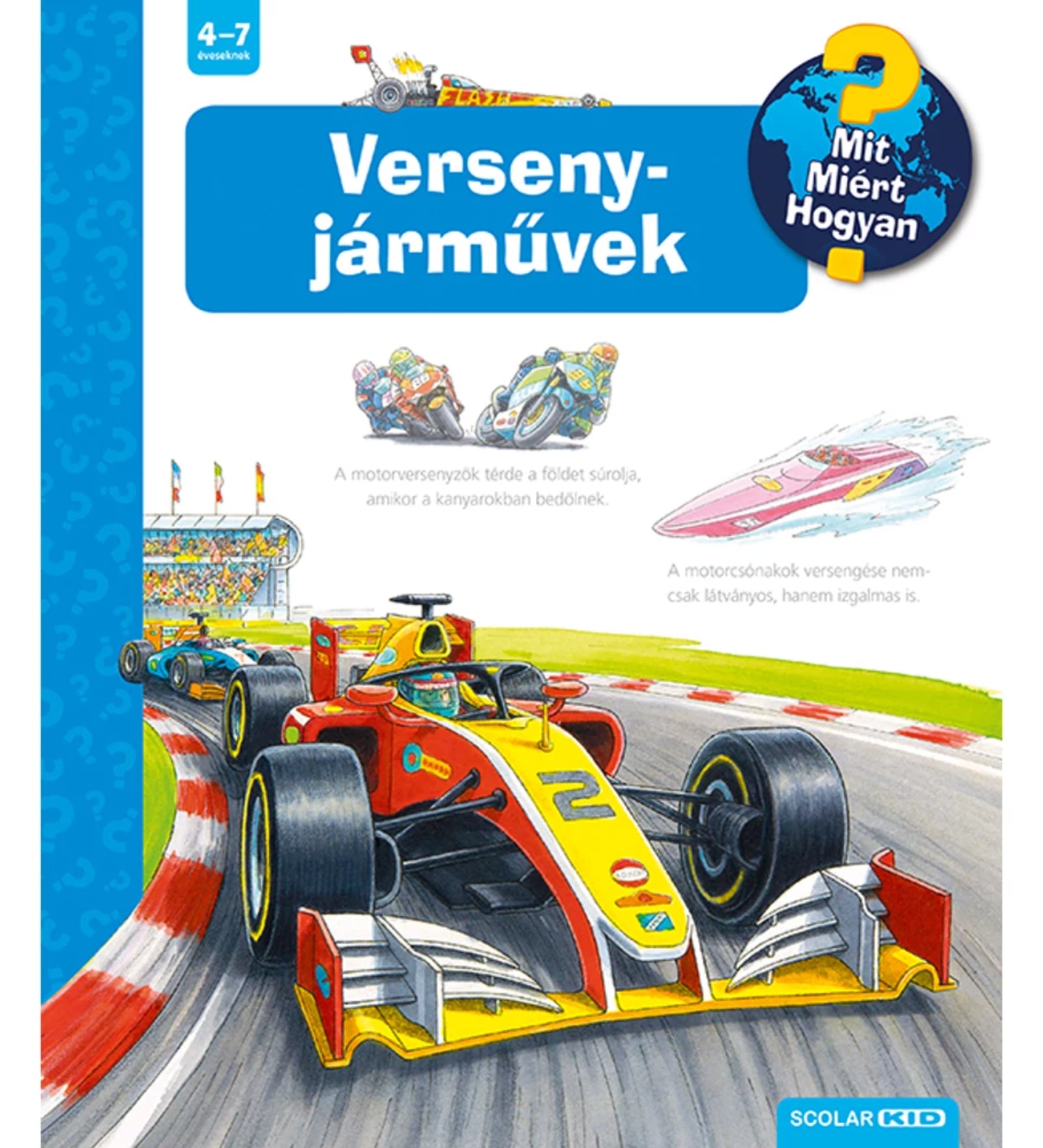 A képen a Versenyjárművek – Mit? Miért? Hogyan? című gyermekkönyv borítója látható. A Ravensburger sorozat 55. kötete színes illusztrációkkal mutatja be a versenyautók, motorcsónakok és motorkerékpárok izgalmas világát a 4-7 éves korosztály számára. 