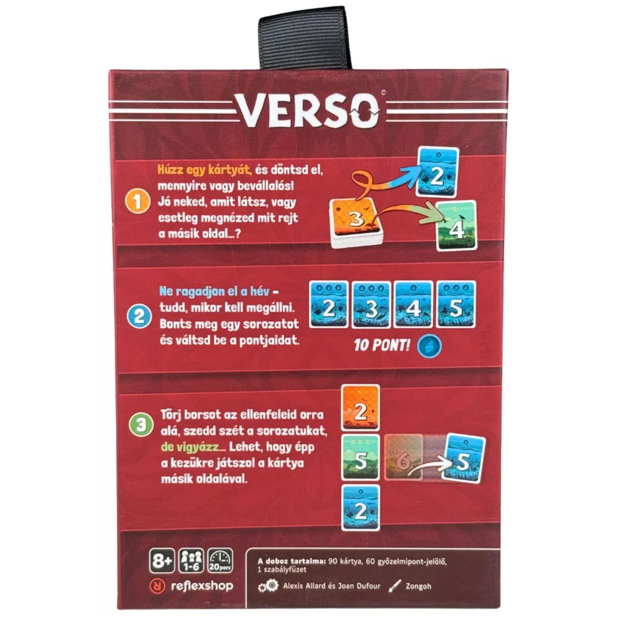 VERSO társasjáték doboz hátoldala játékszabály rövid bemutatásával és játékmenet-illusztrációkkal.