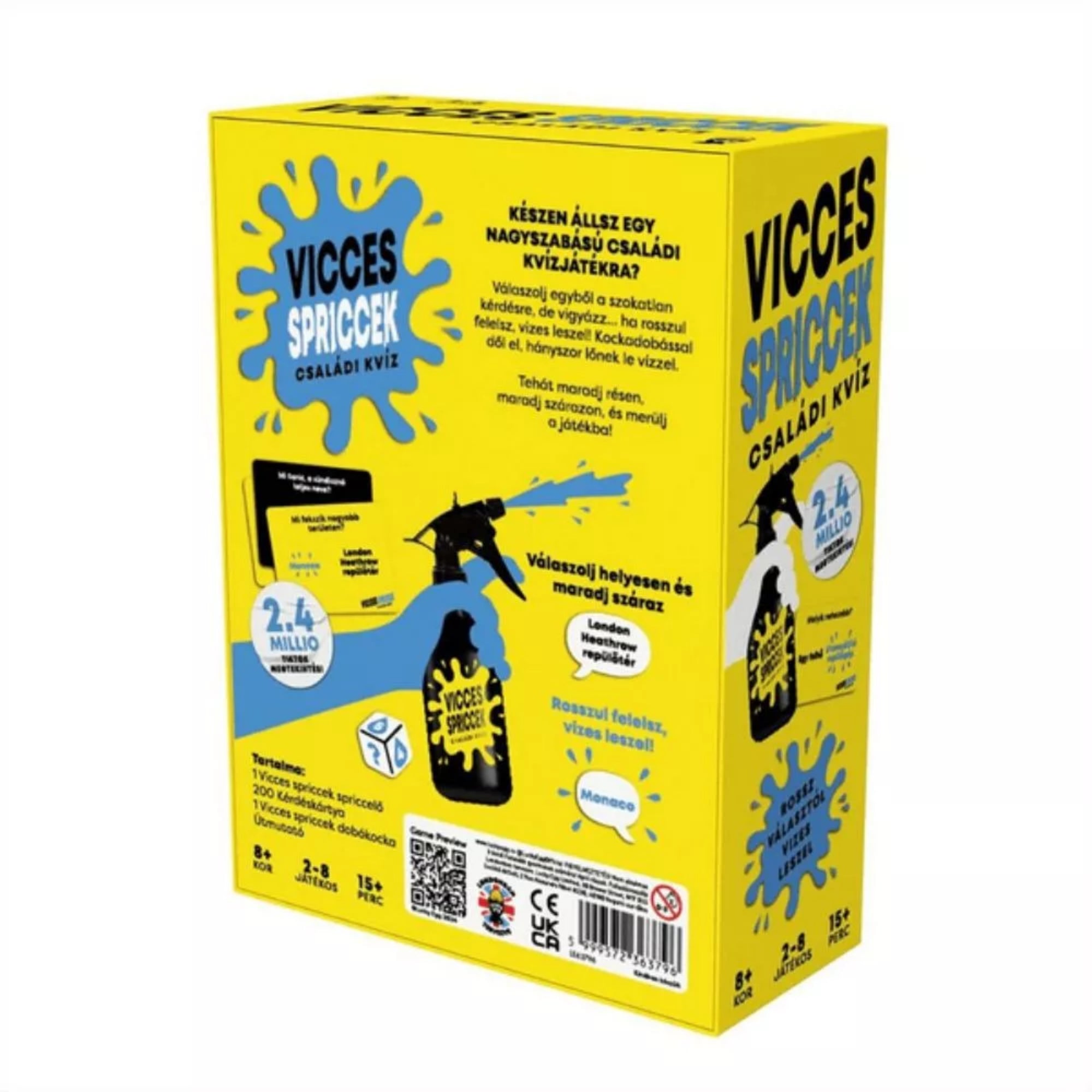 A Vicces Spriccek családi kvízjáték dobozának hátoldala, leírással, játékszabállyal és vízpermetezős illusztrációval.