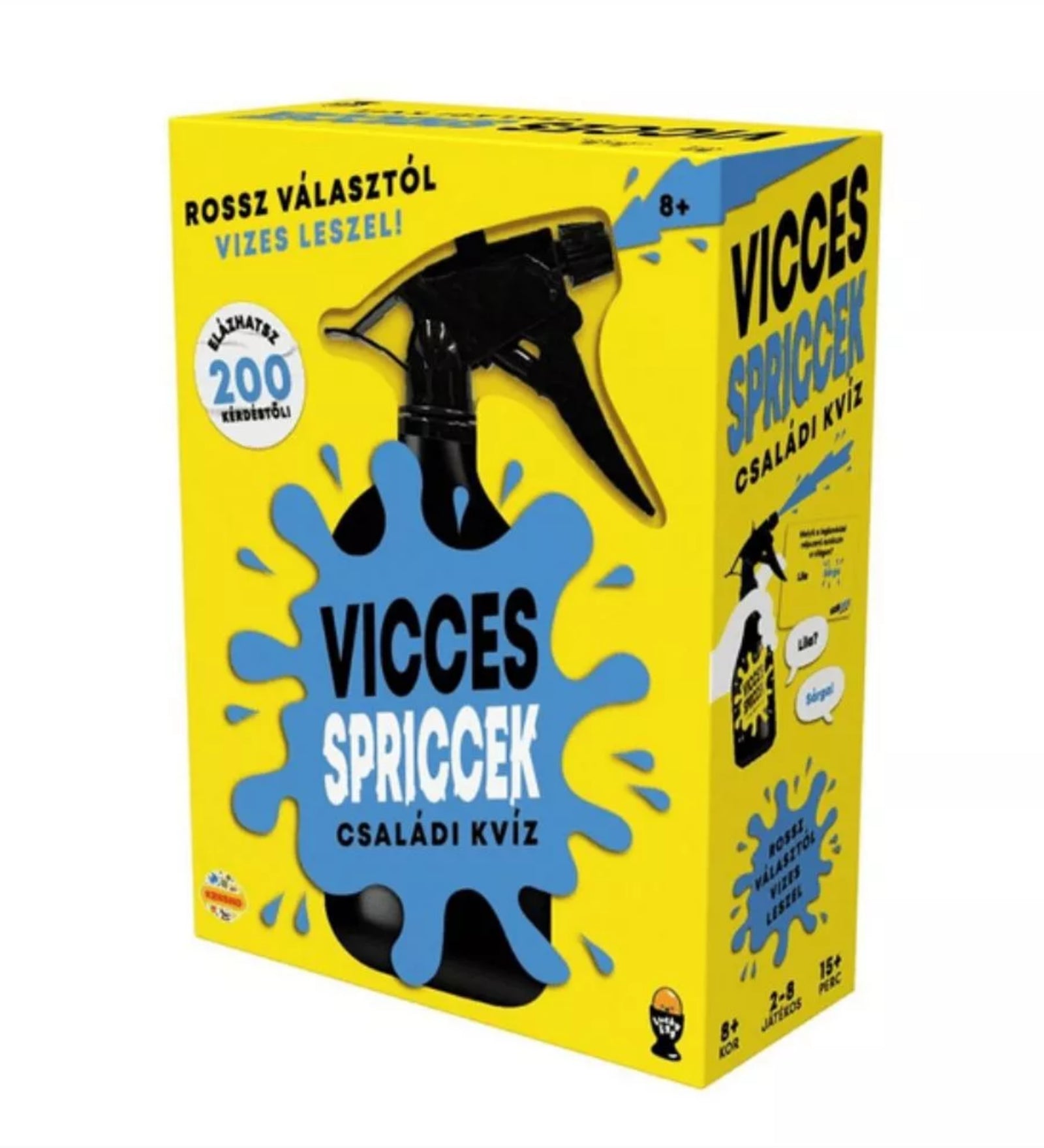 A Vicces Spriccek családi kvízjáték doboza, élénk sárga-kék dizájnnal és vízpermetező palackkal.