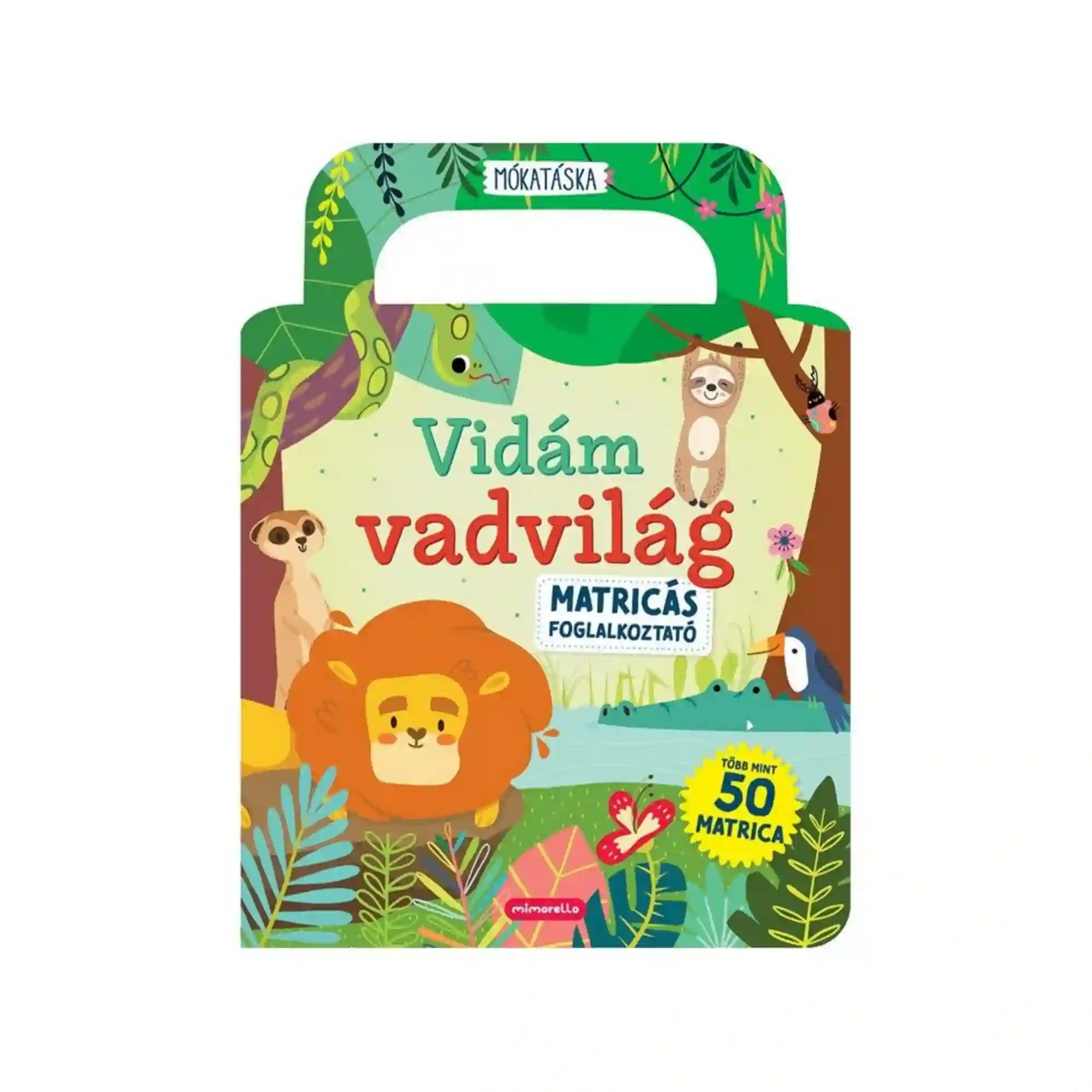 Vidám vadvilág matricás foglalkoztató könyv borítója, színes dzsungel jelenettel, ahol egy mosolygós oroszlán, lajhárok, kígyó és más állatok láthatók játékos, gyerekbarát illusztrációval, több mint 50 matricával.