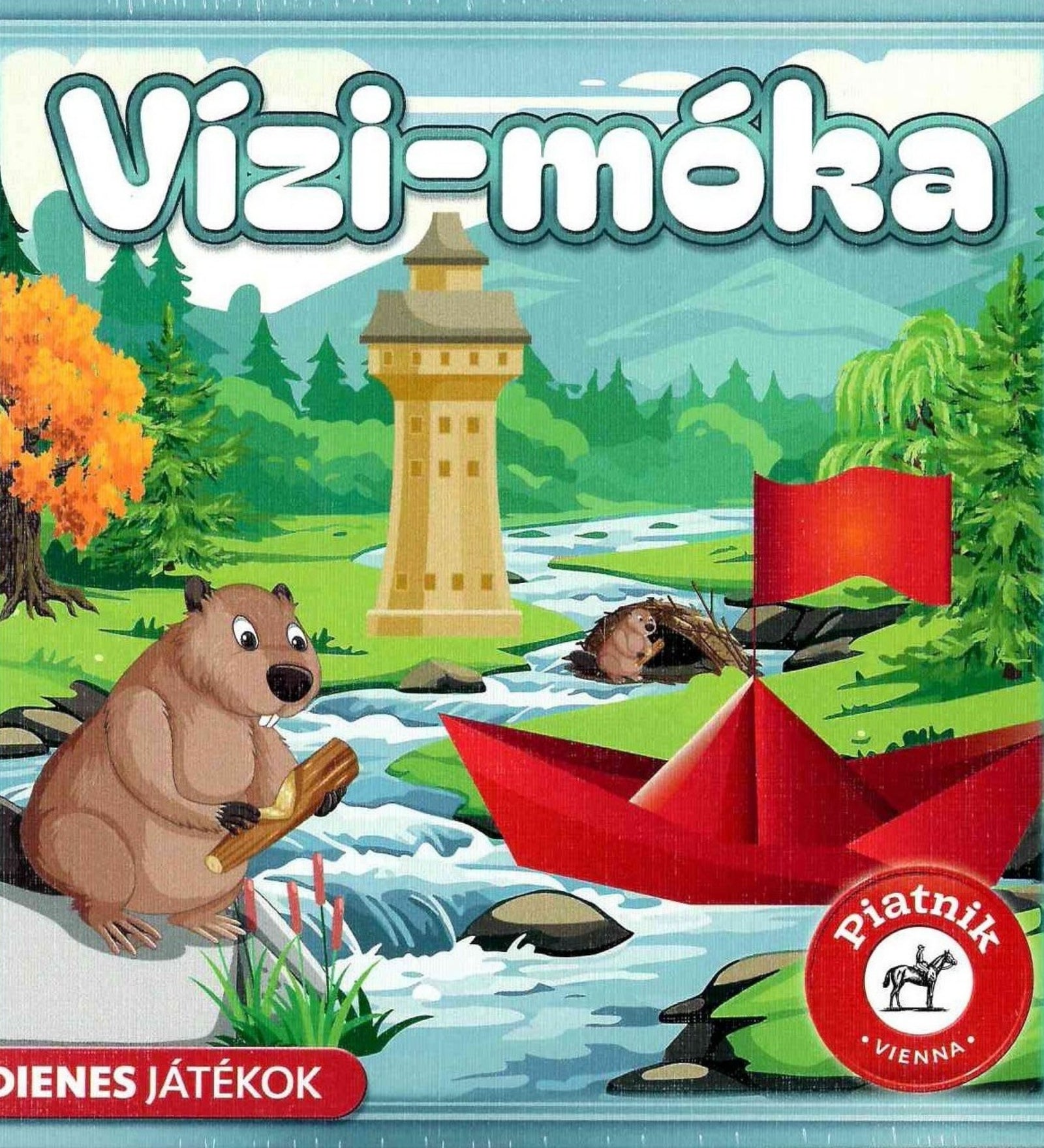 Vízi-móka társasjáték doboza, illusztrált folyóparti jelenettel, hódfigurával, papírhajóval és erdei tájjal.